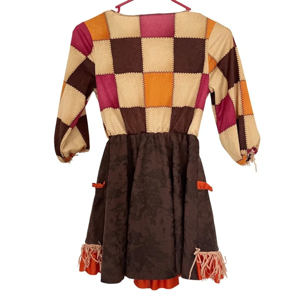 Scarecrow Costume Kids M Brown Orange Patchwork Dress with Hat